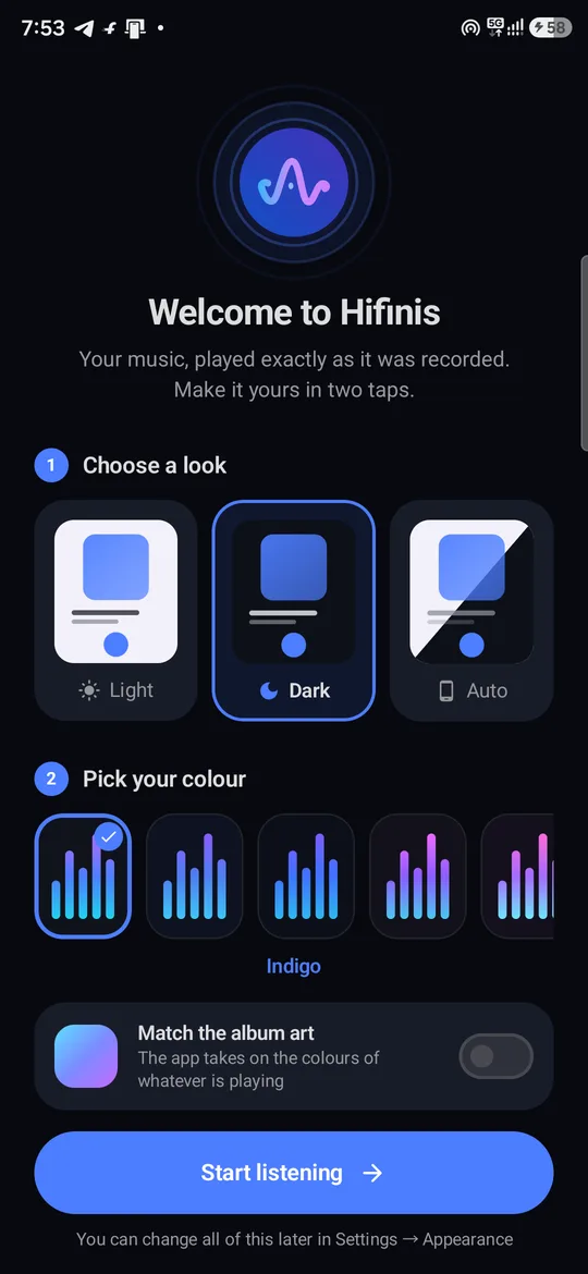 Hifinis welcome screen with light, dark and colour choices