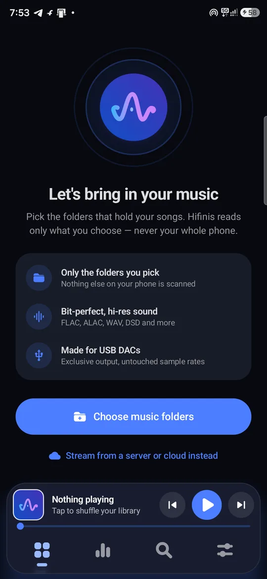 Hifinis first-run home screen