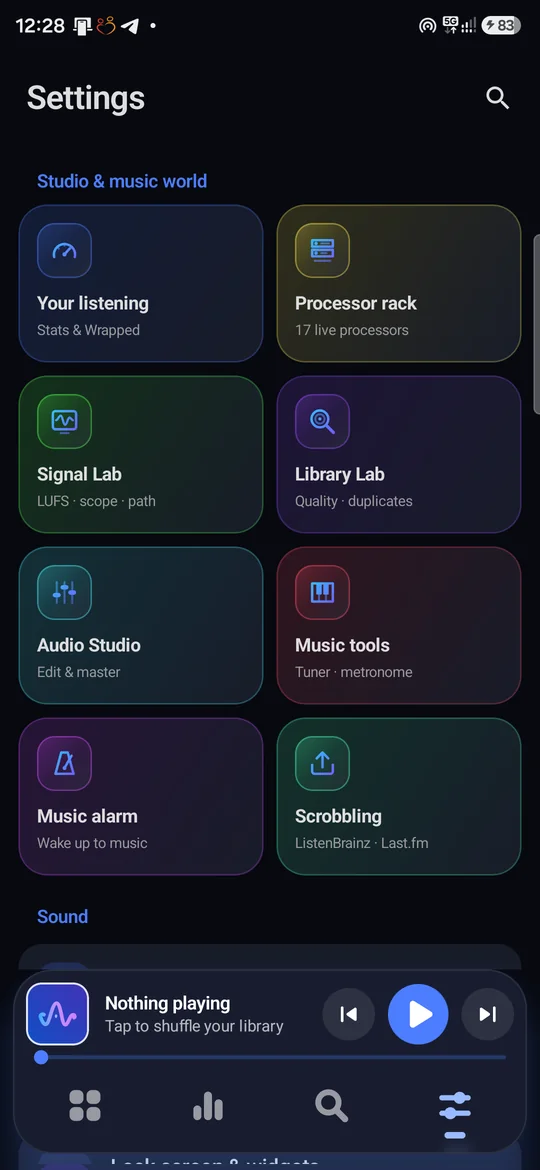 Hifinis settings: Studio and music world — listening stats, processor rack, Signal Lab, Library Lab, Audio Studio, music tools, alarm, scrobbling