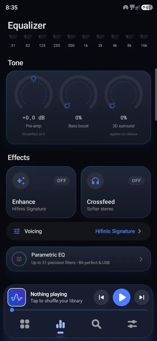 Hifinis pre-amp, bass boost, 3D surround, Enhance and Crossfeed