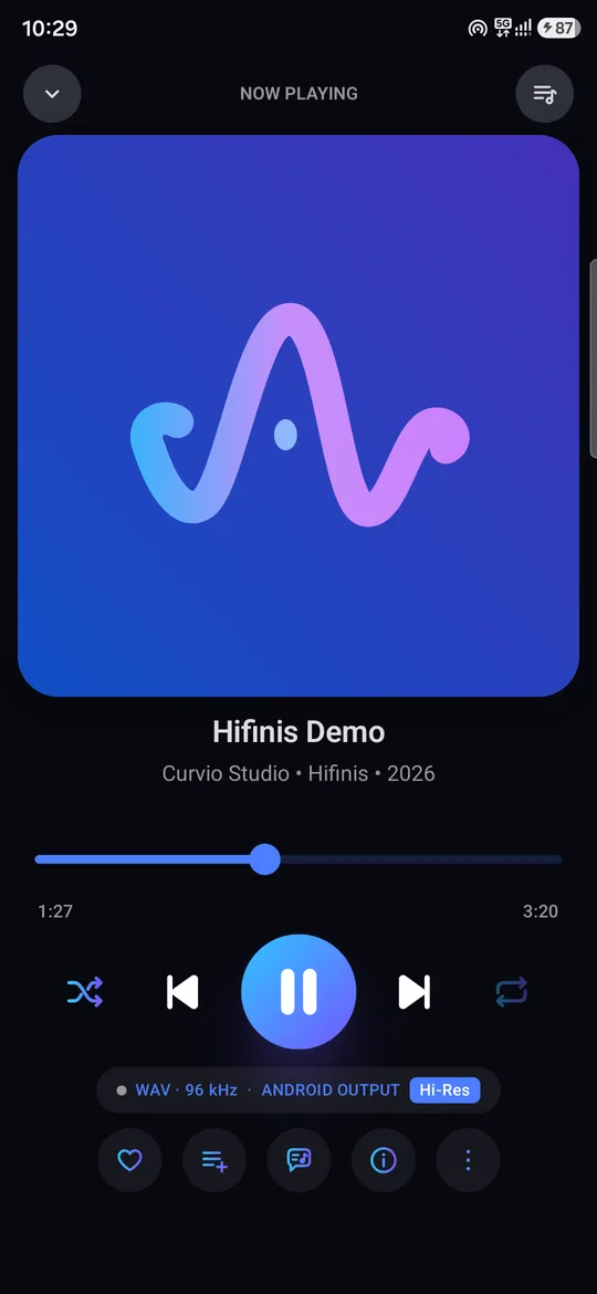 Hifinis Now Playing: 96 kHz WAV, Hi-Res badge, Android output